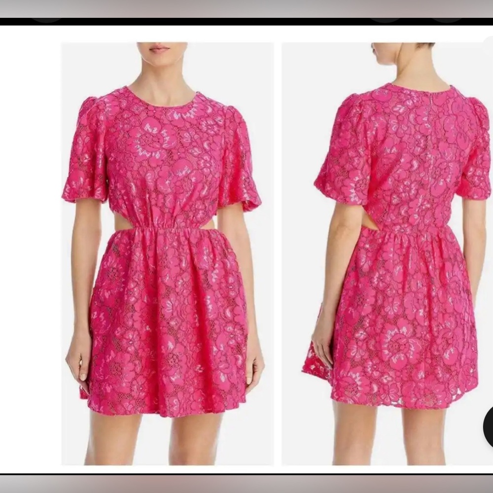 WAYF Plaza Lace Mini Dress Magenta Round Neck Zip Closure Short Sleeve NWT XL